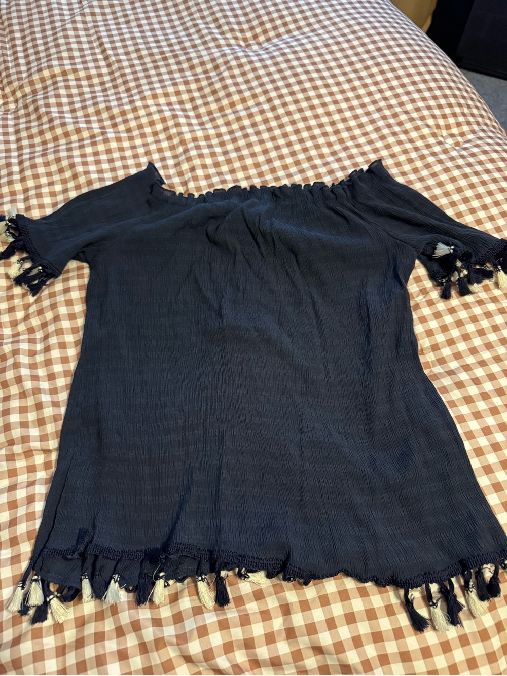 SHEIN Navy Blue Off-Shoulder Tassel-Hem Tunic